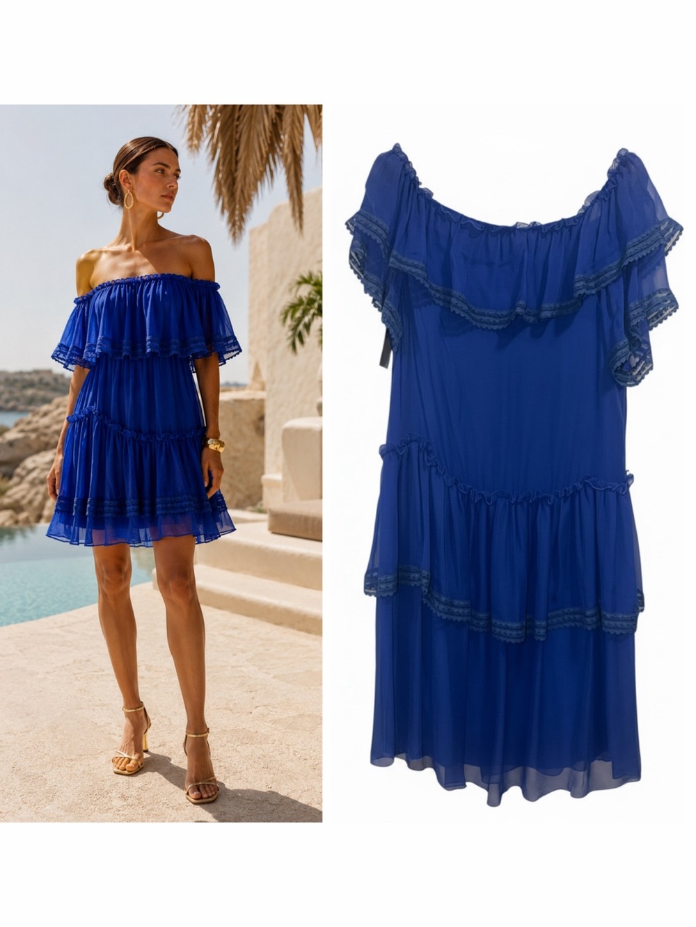 Alberta Ferretti Blue Dress Silk Off Shoulder Lace Ruffle 6 Wedding Resort 🟡